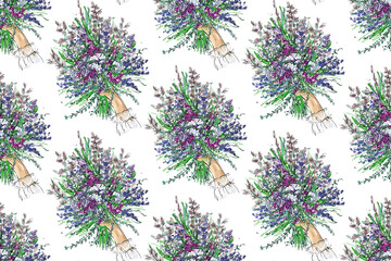 Seamless pattern. A bouquet of wildflowers is held by a hand.