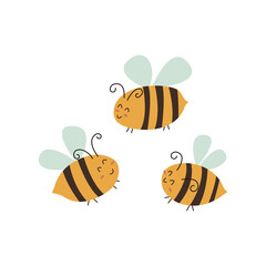 Cute happy honey bees smiles in flight. Vector colorful isolated hand drawn illustration