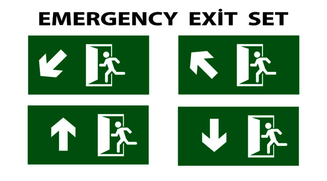 emergency exit sign set. running man icon to the door. green. arrow vector. warning sign