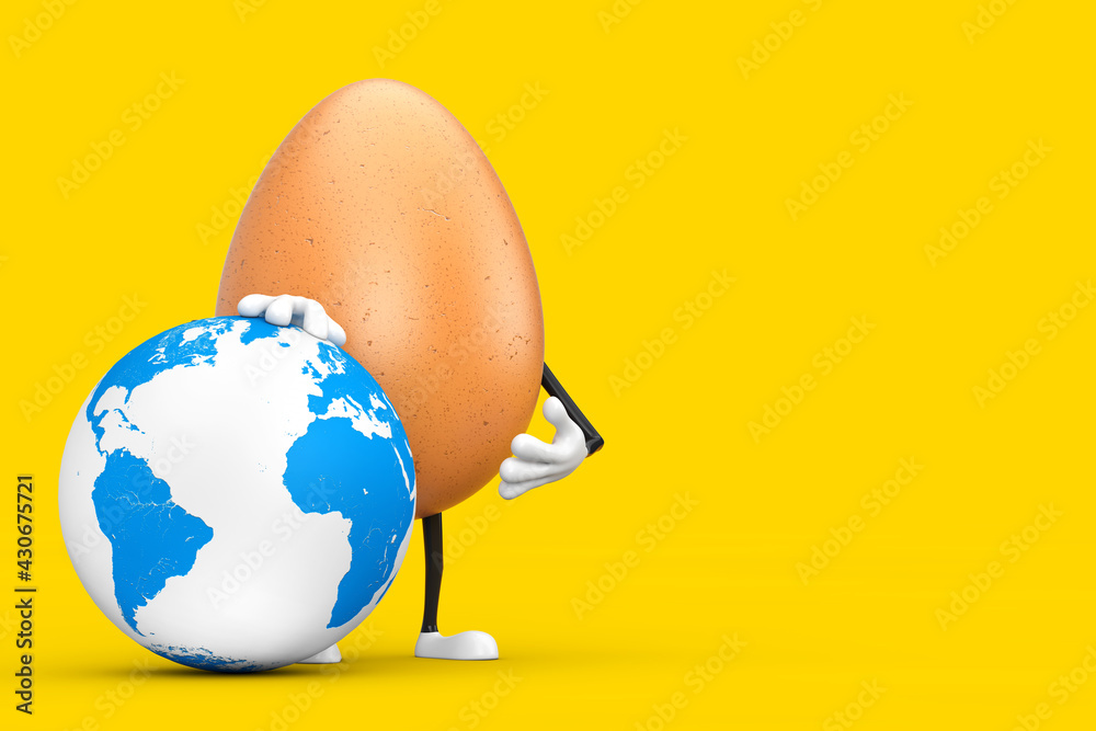 Aufkleber brown chicken egg person character mascot with earth globe. 3d rendering