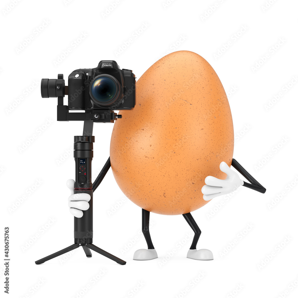 Aufkleber brown chicken egg person character mascot with dslr or video camera gimbal stabilization tripod syst
