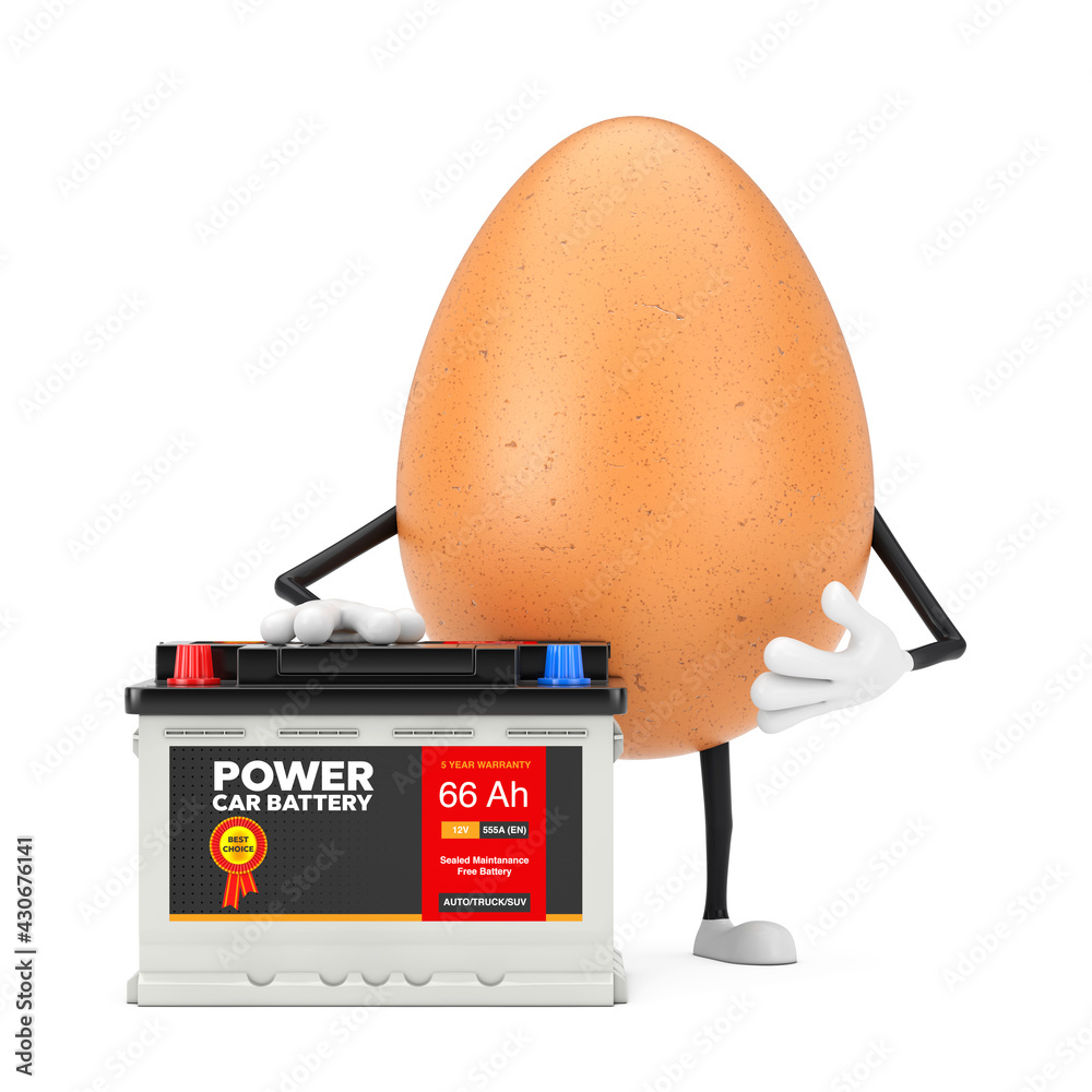 Poster brown chicken egg person character mascot and rechargeable car battery 12v accumulator with abstract