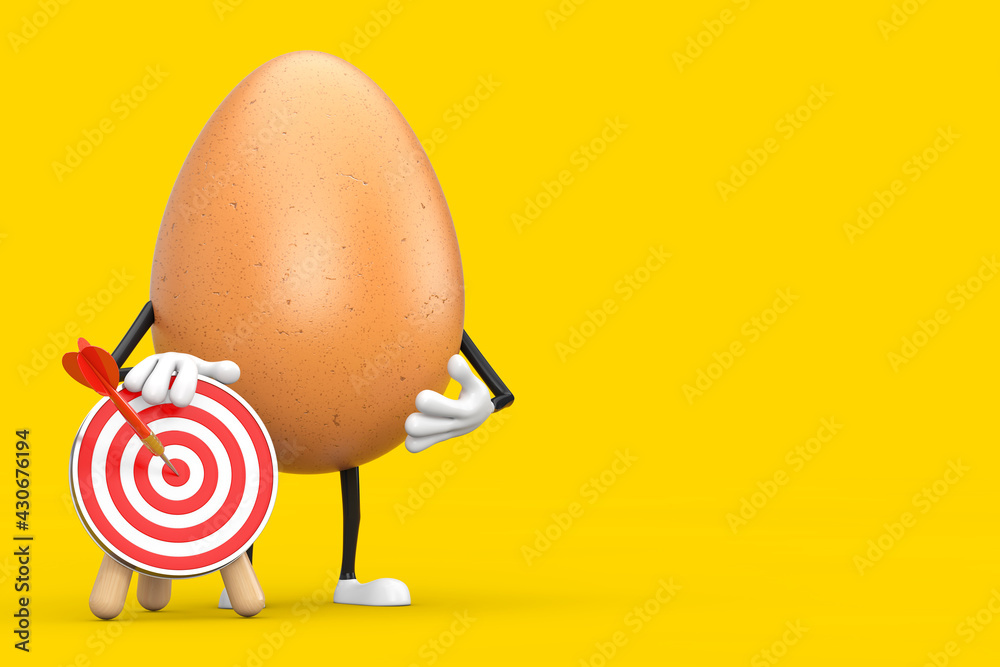 Poster brown chicken egg person character mascot with archery target and dart in center. 3d rendering