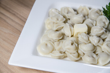 dumplings with meat on white plate. russian pelmeni. 