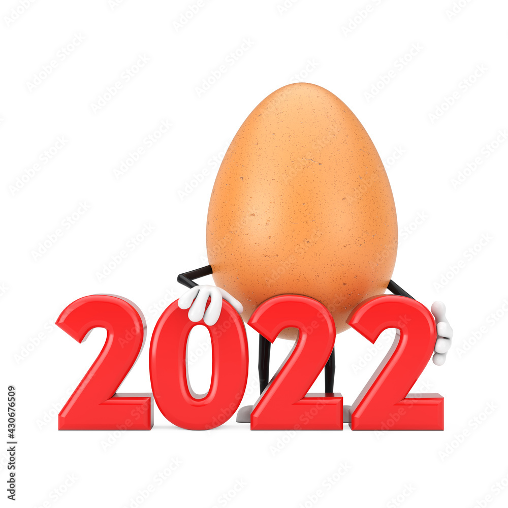 Poster brown chicken egg person character mascot with 2022 new year sign. 3d rendering