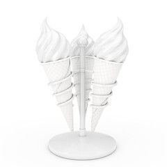 Soft Serve Ice Cream in Waffle Crispy Ice Cream Cones in Holders as Clay Style. 3d Rendering