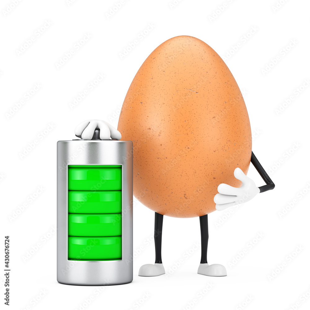 Poster brown chicken egg person character mascot with abstract charging battery. 3d rendering