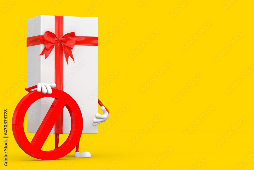 Poster white gift box and red ribbon person character mascot with red prohibition or forbidden sign. 3d ren