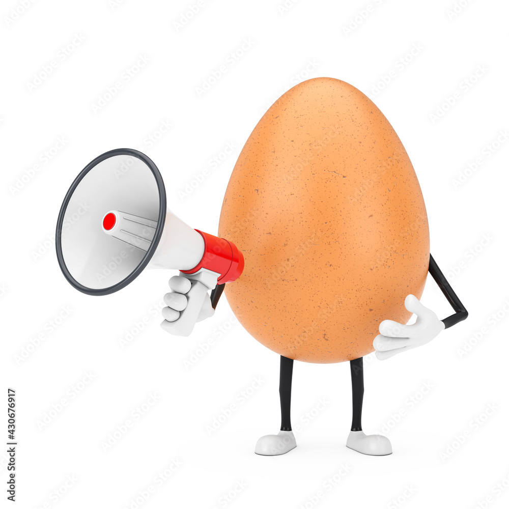 Aufkleber  Brown Chicken Egg Person Character Mascot with Red Retro Megaphone. 3d Rendering