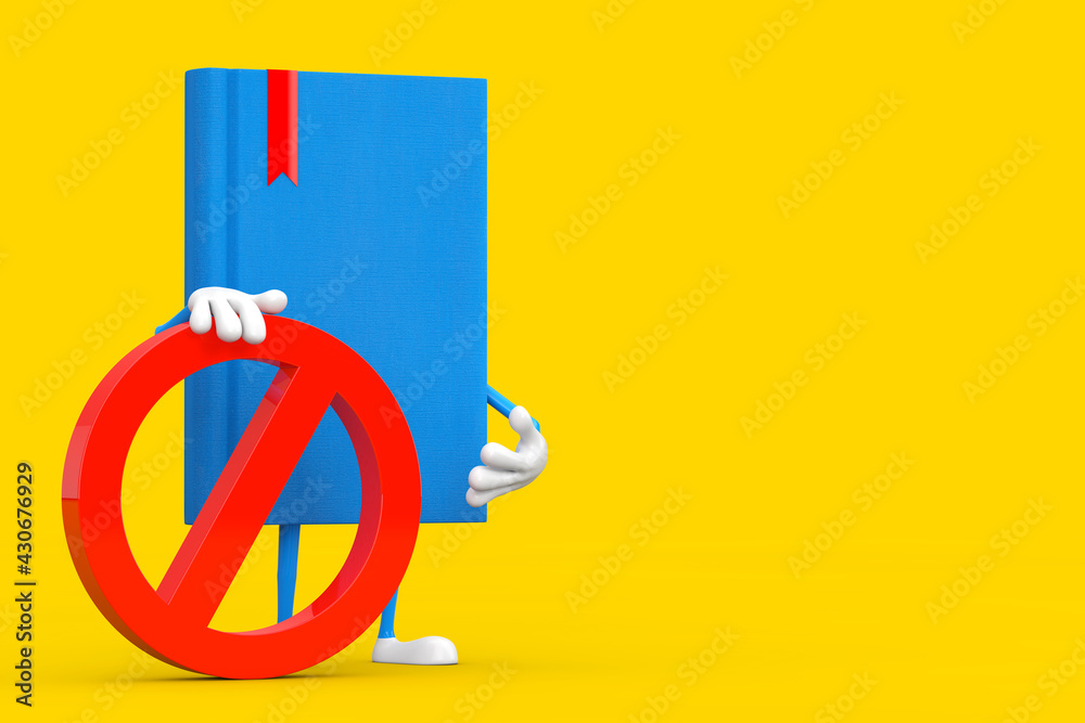 Aufkleber blue book person character mascot with red prohibition or forbidden sign. 3d rendering
