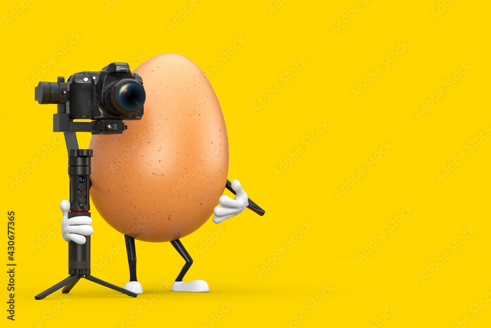 Aufkleber brown chicken egg person character mascot with dslr or video camera gimbal stabilization tripod syst