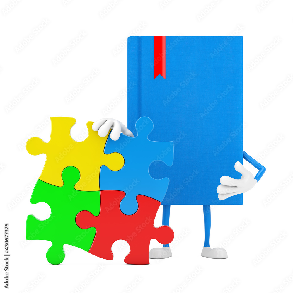 Aufkleber blue book character mascot person with four pieces of colorful jigsaw puzzle. 3d rendering