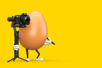  Brown Chicken Egg Person Character Mascot with DSLR or Video Camera Gimbal Stabilization Tripod System. 3d Rendering