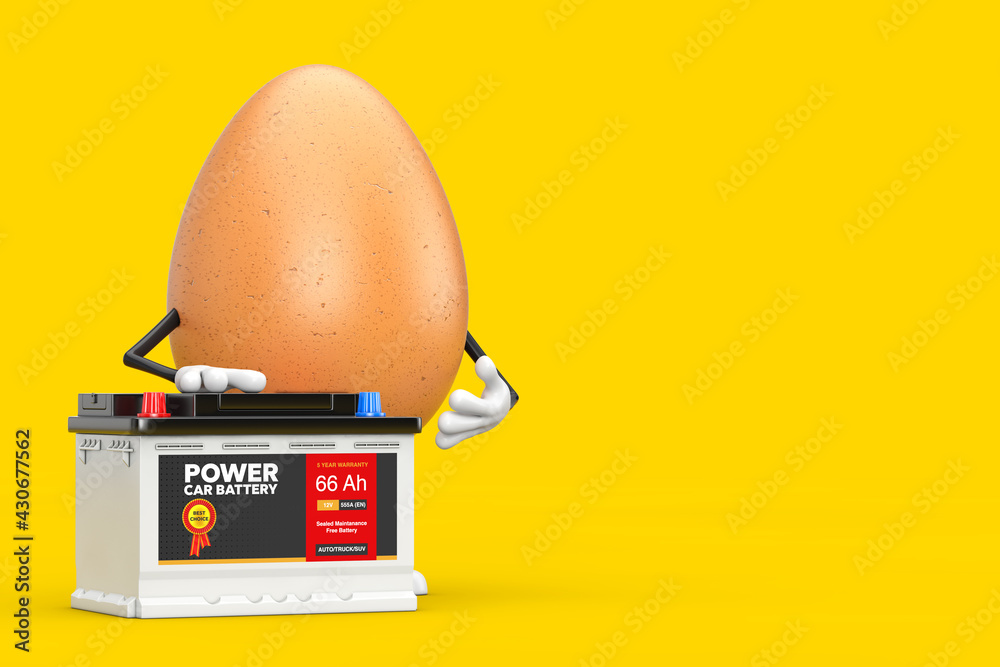 Poster brown chicken egg person character mascot and rechargeable car battery 12v accumulator with abstract