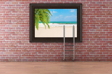 Beach with Palm and Swimming Pool Ladder Poster Picture Frame Hanging on the Red Brick Wall Background. 3d Rendering