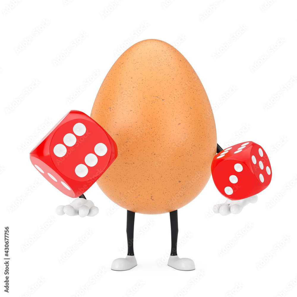 Leinwandbilder brown chicken egg person character mascot with red game dice cubes in flight. 3d rendering