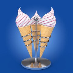Soft Serve Ice Cream in Waffle Crispy Ice Cream Cones in Chrome Holders. 3d Rendering