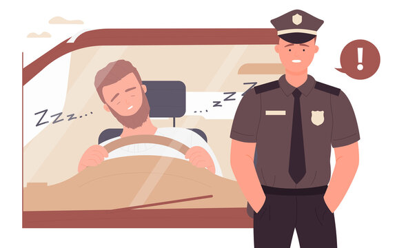 Danger of sleeping while driving car automobile vector illustration. Cartoon young sleepy drowsy driver character sitting in auto vehicle seat, tired fatigued man and police officer background