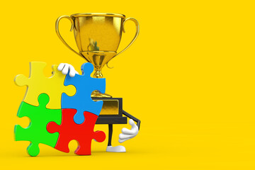 Golden Award Winner Trophy Character Mascot Person with Four Pieces of Colorful Jigsaw Puzzle. 3d Rendering