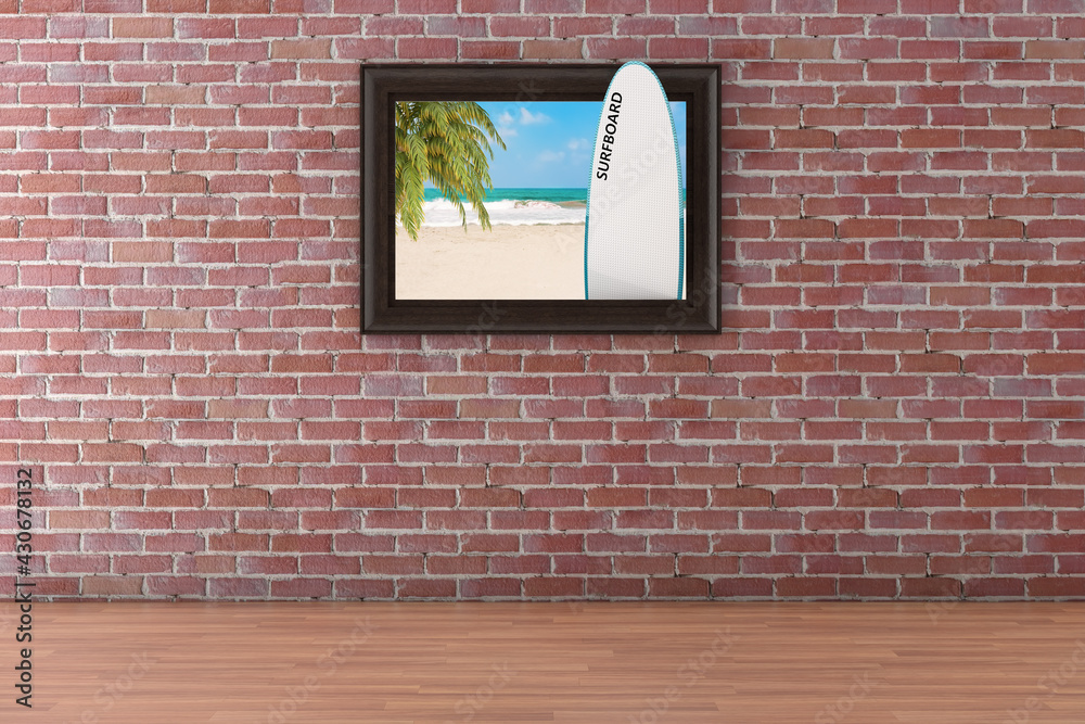 Aufkleber beach with palm and surfboard poster picture frame hanging on the red brick wall background. 3d rend