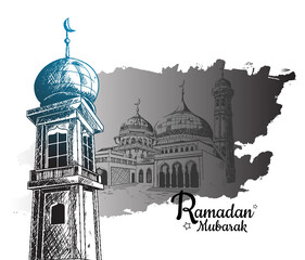 Ramadan Mubarak. mosque tower, mosque isolated on white background black brush