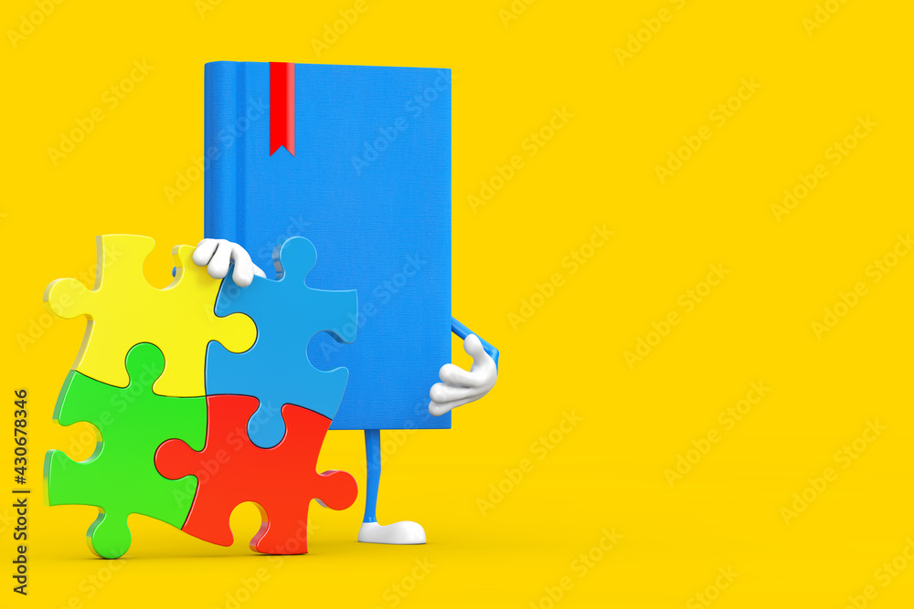 Aufkleber Blue Book Character Mascot Person with Four Pieces of Colorful Jigsaw Puzzle. 3d Rendering