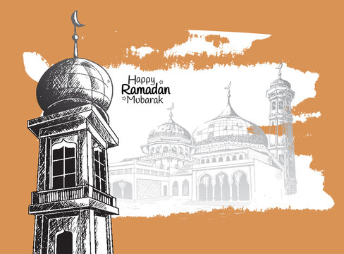Ramadan Mubarak. mosque tower, mosque isolated on brown background white brush