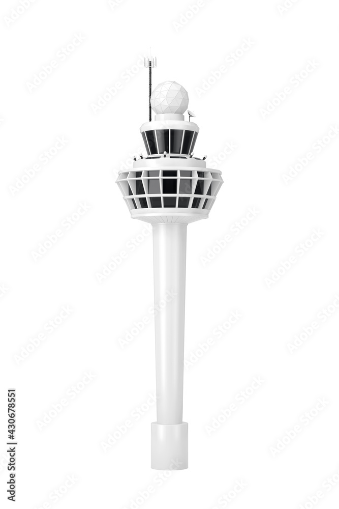 Poster white airport air traffic control tower building in clay style. 3d rendering