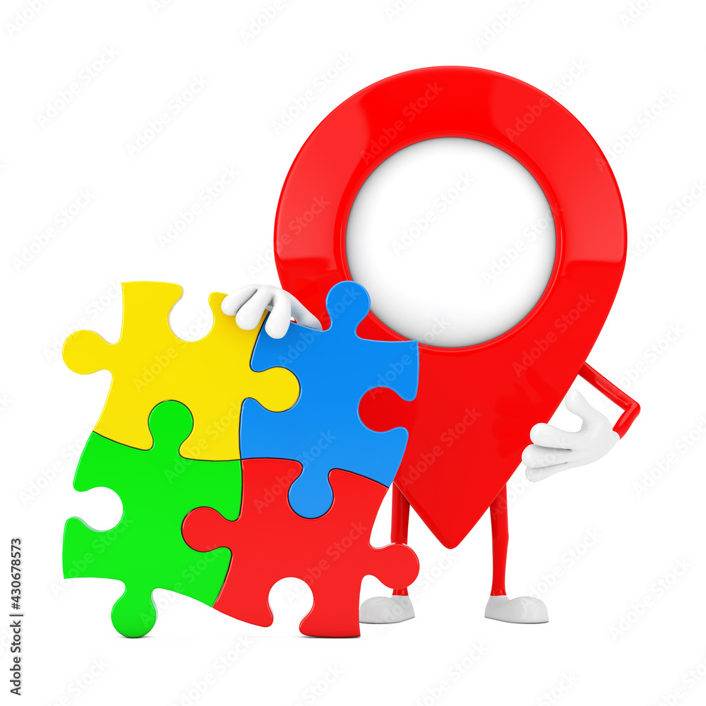 Poster red map pointer target pin person character mascot with four pieces of colorful jigsaw puzzle. 3d re