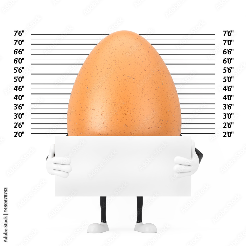 Poster brown chicken egg person character mascot with identification plate in front of police lineup or mug