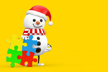 Snowman in Santa Claus Hat Person Character Mascot with Four Pieces of Colorful Jigsaw Puzzle. 3d Rendering
