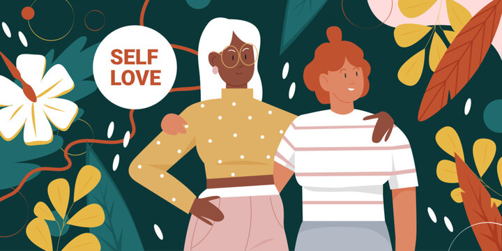Body positive movement, girl power and beauty diversity vector illustration. Cartoon young beautiful woman friends characters standing together and hugging with self love slogan motivation background
