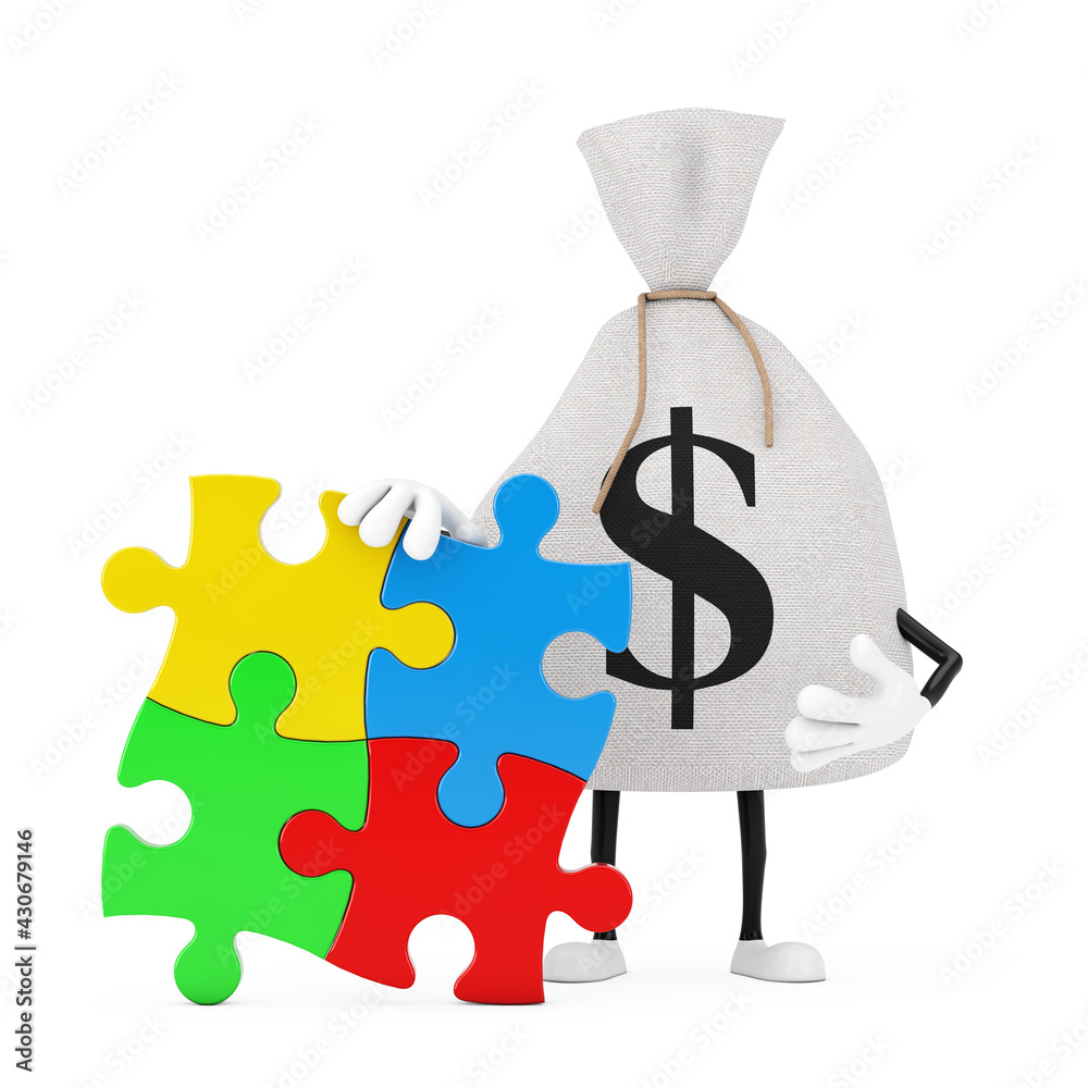 Aufkleber Tied Rustic Canvas Linen Money Sack or Money Bag and Dollar Sign Person Character Mascot with Four Pieces of Colorful Jigsaw Puzzle. 3d Rendering