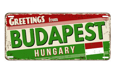 Greetings from Budapest vintage rusty metal plate