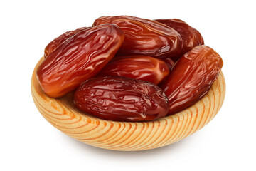 Dates in wooden bowl isolated on white background with clipping path and full depth of field.