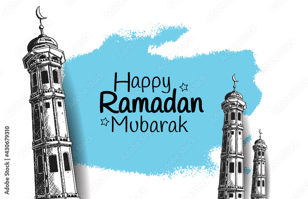 Wall mural ramadan mubarak with mosque tower illustration hand drawn isolated on white background blue brush