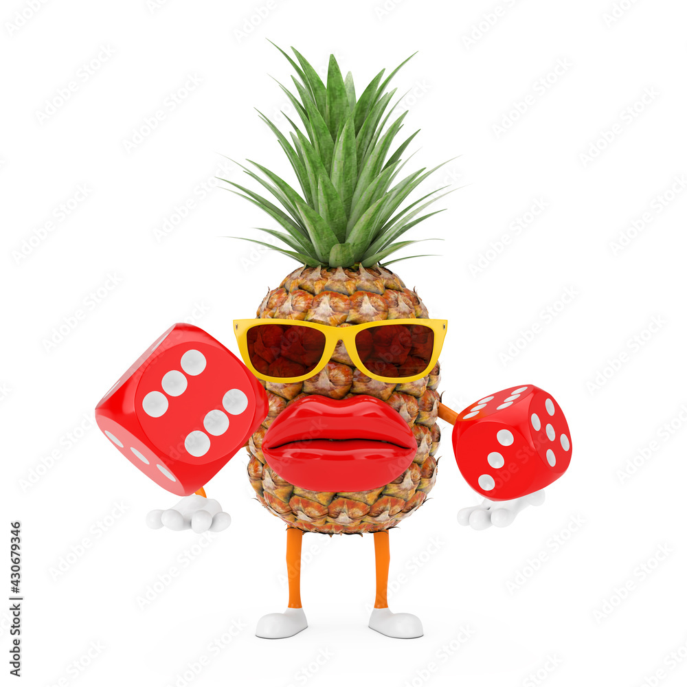 Poster fun cartoon fashion hipster cut pineapple person character mascot with red game dice cubes in flight