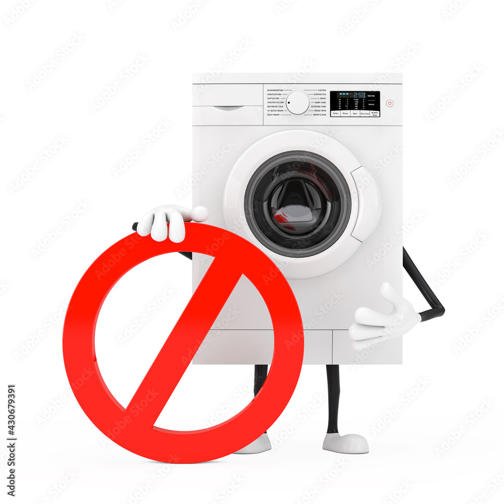 Poster modern white washing machine person character mascot with red prohibition or forbidden sign. 3d rend