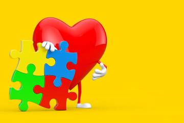 Red Heart Person Character Mascot with Four Pieces of Colorful Jigsaw Puzzle. 3d Rendering