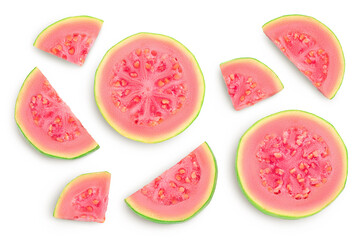 Guava fruit slices isolated on white background with clipping path and full depth of field. Top view. Flat lay