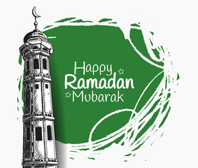 Ramadan Mubarak with mosque tower illustration hand drawn isolated on white background green brush