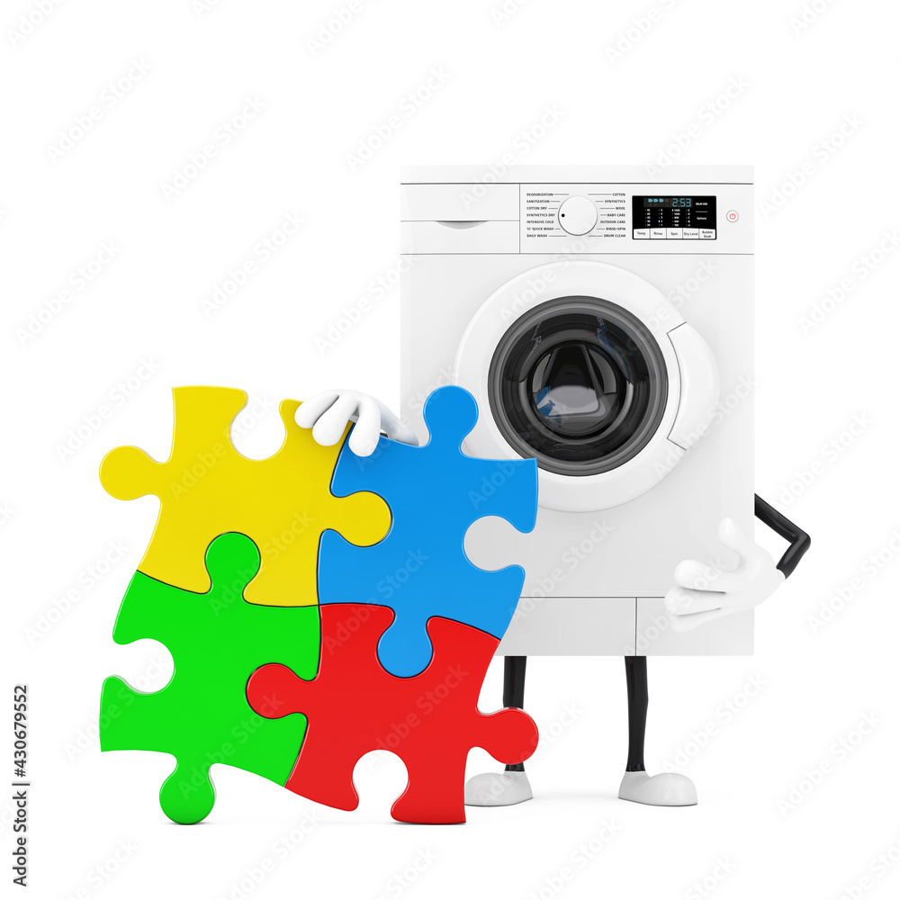 Poster Modern White Washing Machine with Four Pieces of Colorful Jigsaw Puzzle. 3d Rendering