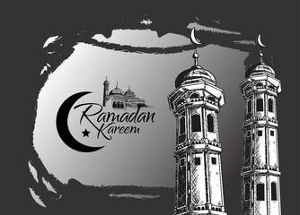 Obraz premium Ramadan Mubarak with mosque tower illustration hand drawn isolated on black background