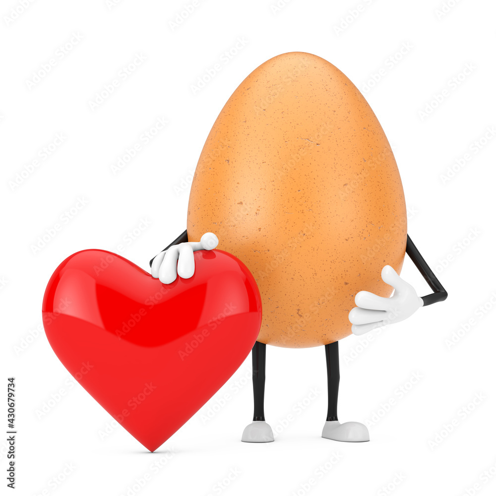 Poster brown chicken egg person character mascot with red heart. 3d rendering