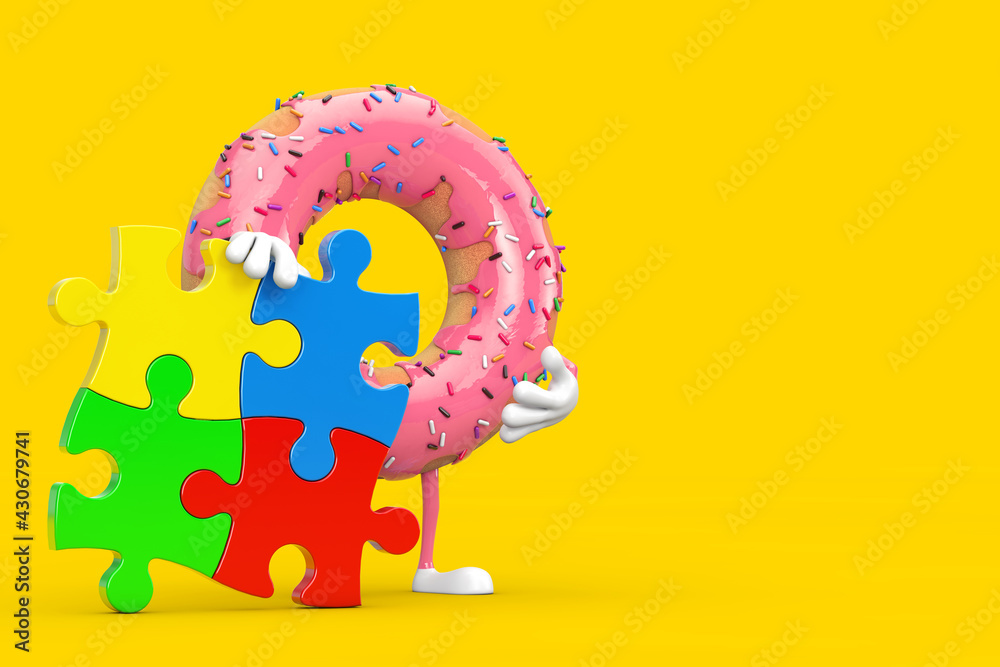 Poster big strawberry pink glazed donut person character mascot with four pieces of colorful jigsaw puzzle.