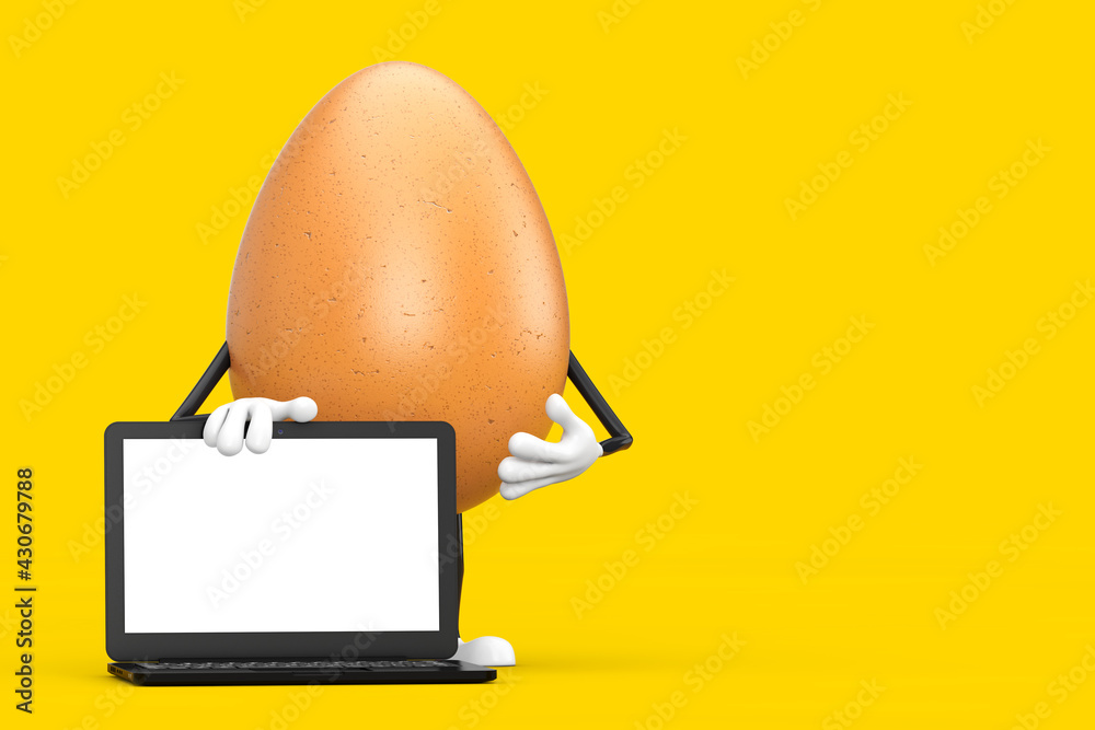 Fototapete Brown Chicken Egg Person Character Mascot with Modern Laptop Computer Notebook and Blank Screen for Your Design. 3d Rendering