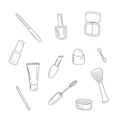 Set of items from a women's cosmetic bag in the doodle style. Mascara, blush, eye shadow, lip balm, lipstick, nail polish, nail file, cream, makeup brush, eye shadow applicator, eyebrow pencil.