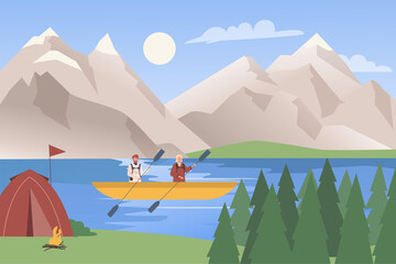 Kayak travel adventure water extreme sport vector illustration. Cartoon young river rafting tourist people in wild scenic mountain nature landscape, traveler man woman characters kayaking background