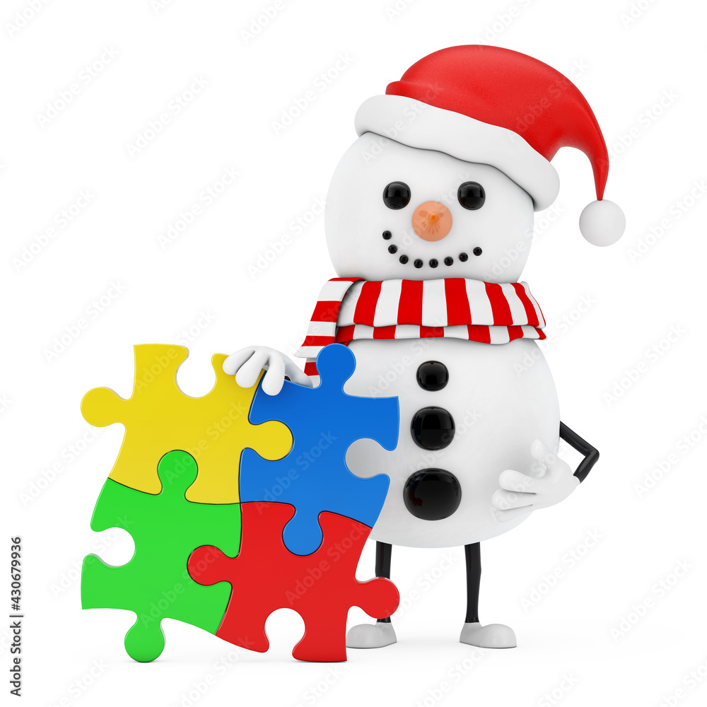 Poster snowman in santa claus hat person character mascot with four pieces of colorful jigsaw puzzle. 3d re