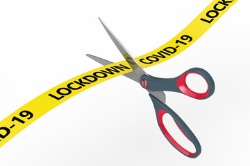 The End of Lockdown Concept. Scissors Cut Yellow Ribbon with COVID-19 Lockdown Sign. 3d Rendering